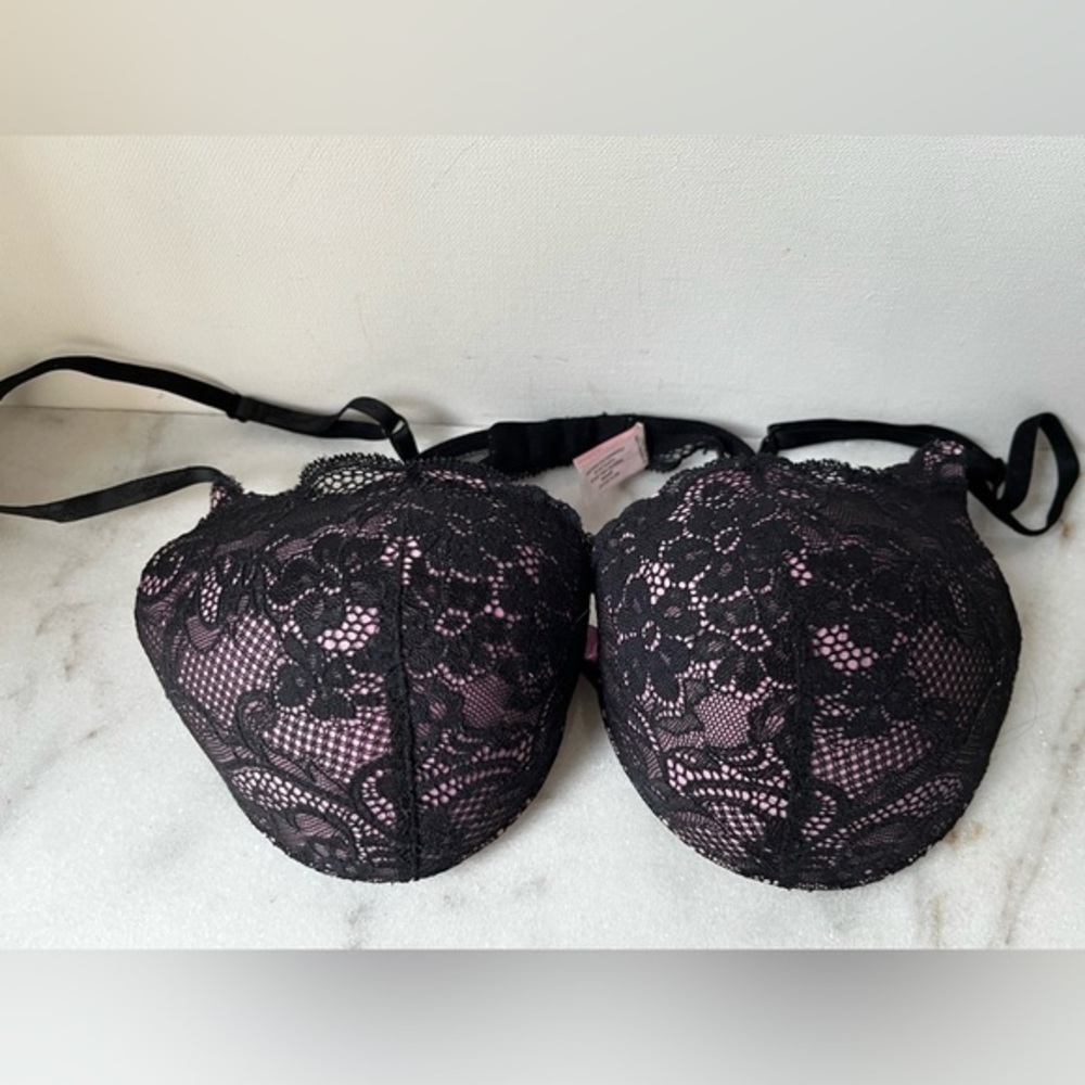 Victoria's Secret Black Lace Over Pink Push-Up Bra
